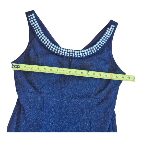 R&M Richards Metallic Formal Gown Pearl Rhinestone Floor Length Blue sz 14 Lined - Picture 13 of 16